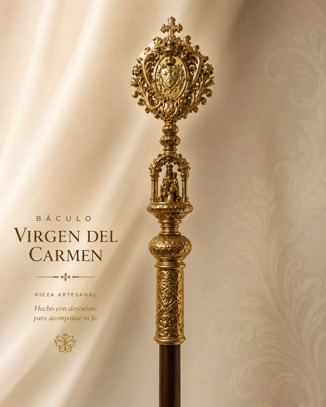 Báculo dorado de la Virgen del Carmen, pieza artesanal hecha en impresión 3D
