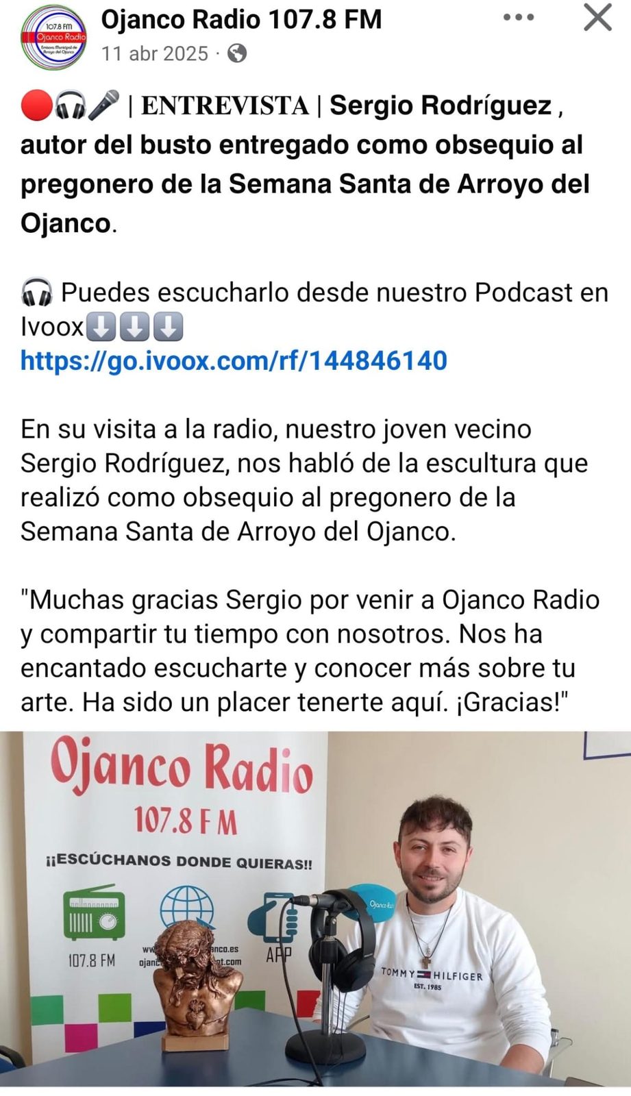 Sergio Rodríguez de Impresión 3D Pro entrevistado en Ojanco Radio 107.8 FM sobre el busto del pregonero